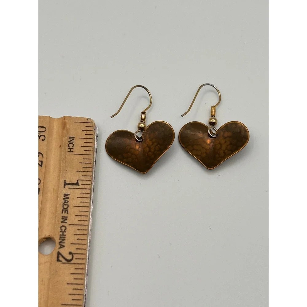 Hammered Copper Heart Drop Earrings Rustic Boho Dangle Gold Tone Hooks